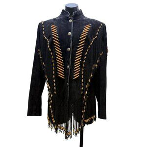Cripple Creek Western Suede Fringe Jacket Black Beaded Detailed Cowgirl Heather